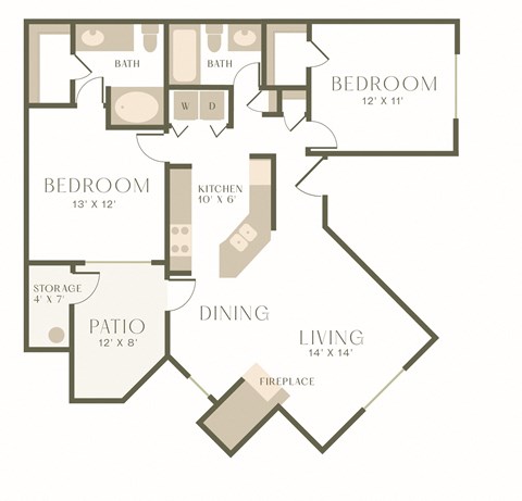 Floor plan for 2 beds, 2 baths, 1005 sqft